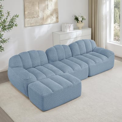 BLACKCOLORS Modulaire L-vormige hoekbank met 3 zitplaatsen en 1 chaise longue, Boneless-bank met 32D-schuim met hoge dichtheid, diepe zitting, ideaal voor de woonkamer, zachte stof, blauw