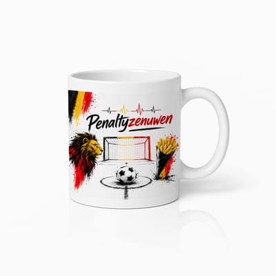 België Penaltyzenuwen Voetbal Mok – Belgische Leeuw Doel Bal Friet Design – Witte Koffiemok 330 ml – België Supporter Cadeau Beker