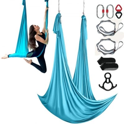 VEVOR Aerial Yoga Hangmatset 10 x 2,8 m, Blauwe Aerial Yoga Schommel Air Flying, Indoor Aerial Yoga Hangmat Schommel, Max. Draagvermogen 1000 kg, incl. Yogasokken & Stalen Karabijnhaak & Aluminium Draaibare