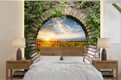 Behang - Fotobehang Zonnebloemen - Doorkijk - Bloemen - Zon - Breedte 240 cm x hoogte 240 cm