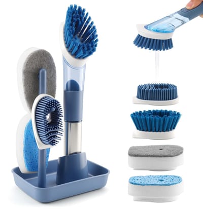 Dailygoods- Afwasborstel Navulbaar - Schoonmaakborstel Set 4 Borstelkoppen - Keukenborstel 28,5 cm - Roestvrijstalen Handgreep - Vloeistofdispenser