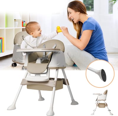 Froadp Multifunctionele kinderstoel Kinderstoel Hoogstoel voor baby's Combi-hoogstoel In hoogte verstelbaar met 4 wieltjes, 3-voudig tafelblad & afneembare zitting, voor kinderwagen - type B Beige