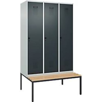 C+P Evolo Plus garderobekast, 3 vakken, 400 mm vakbreedte, met bank eronder, B 1200 x D 815 x H 2120 mm, draaischroef, lichtgrijs/antracietgrijs