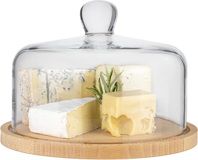 Taartplaat rond 22 cm H: 16,2 cm Handgemaakte kaasbel glas mondgeblazen glazen bel met houten bodem taartplateau met deksel taartstandaard hout met kap mondgeblazen