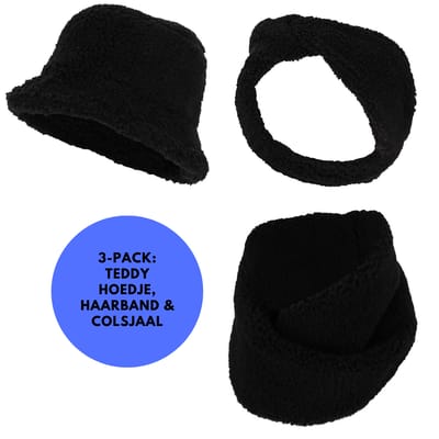 Sarlini - Winterset Meisjes - Teddy Wol Fan - Zwart - 2 t/m 4 jaar - Haarband + Hoedje + Colsjaal + Oorwarmers