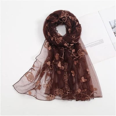 Zijden Sjaal - Chiffon Stola - Feestelijke Gelegenheid - Geborduurd Bloemenpatroon - 180 x 90 cm - Koffie