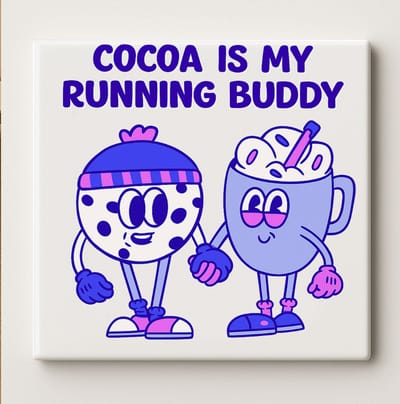 “Cocoa Is My Running Buddy” Grappige Warme Chocolademelk Tegel – 15x15cm Schattige Keramische Muurdecoratie, Cadeau voor Chocolade- of Dessertliefhebbers, Keukendecoratie