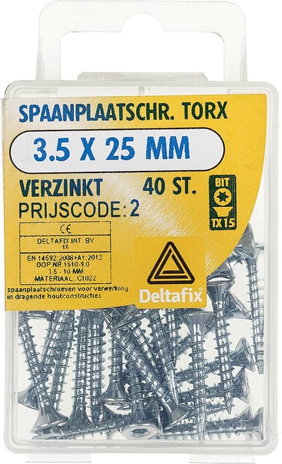 Spaanplaatschroef. platkop / torx / met nibs / type 17 snijpunt. Verzinkt. 3.5 x 25mm. lang. 40 Houtschroeven. Deltafix.