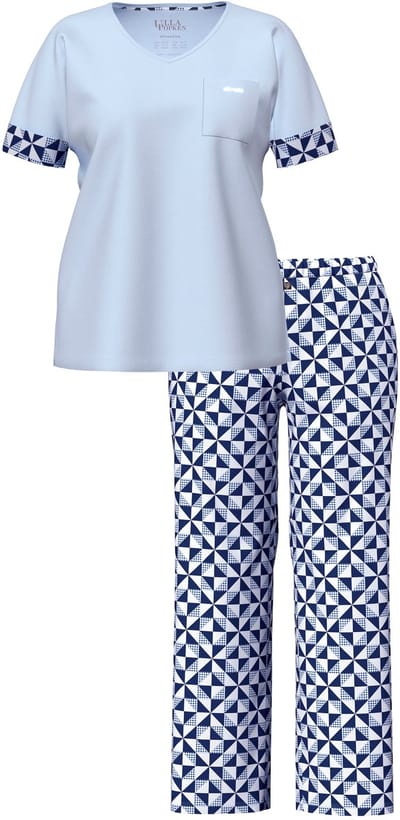 Ulla Popken - Dames - Pyjama ruitjespatroon V-hals korte mouw - Lichtblauw - Maat 42+