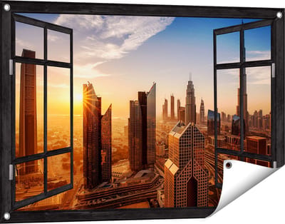 Gards Tuinposter Doorkijk Dubai Stad bij Zonsopgang - 90x60 cm - Tuindoek - Tuindecoratie - Wanddecoratie buiten - Tuinschilderij