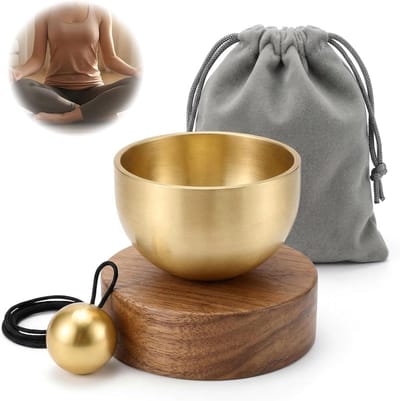 Onmiddellijke ontspanning en stressvermindering met handgemaakte Tibetaanse klankschaalset voor meditatie, yoga en mindfulness, inclusief bel, lepel en zakje voor helder geluid