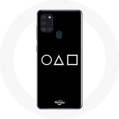 Samsung Galaxy A21S hoesje Squid Game logo symbolen cirkel vierkante driehoek zwarte achtergrond