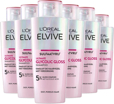 L'Oréal Paris Elvive Glycolic Gloss Ultimate Shampoo - Haarverzorging voor dof, poreus haar - met glycolic acid voor glanzend haar - Shampoo voordeelverpakking - 6 x 200ml