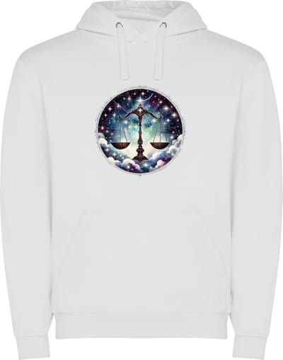Witte unisex hoodie met “ Kleurrijke Sterrenbeeld Weegschaal – Astrologie – Horoscoop – Zodiac Signs “ Print Full Color Color merk Roly maat S