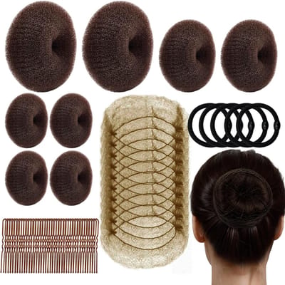63-delige haar-donutset in verschillende maten, haar-donutmaker met haarspelden en elastiekjes voor vrouwen, kinderen en balletdansers (bruin)