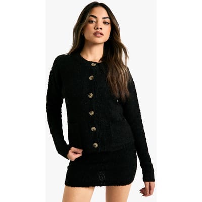 boohoo Dames Borg Gebreide Zak Detail Crop Cardigan en Mini Rok Set | Black | Maat: Small