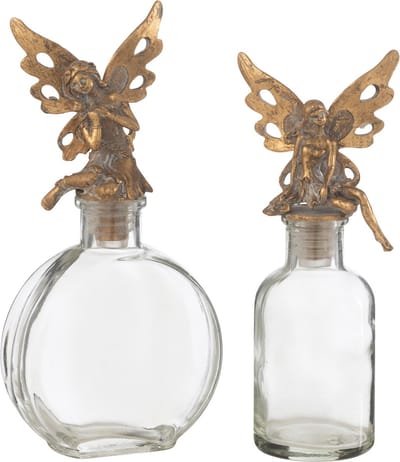 J-Line decoratie Flessen Fairy - metaal/glas - goud - 2 stuks