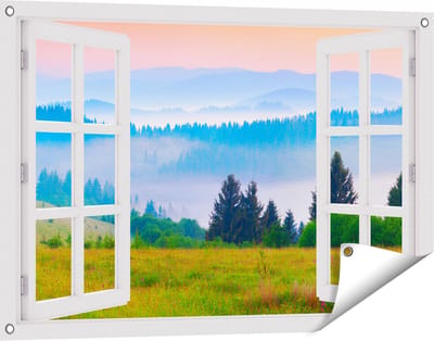 Gards Tuinposter Doorkijk Mistige Heuvel Landschap met Bossen - 90x60 cm - Tuindoek - Tuindecoratie - Wanddecoratie buiten - Tuinschilderij
