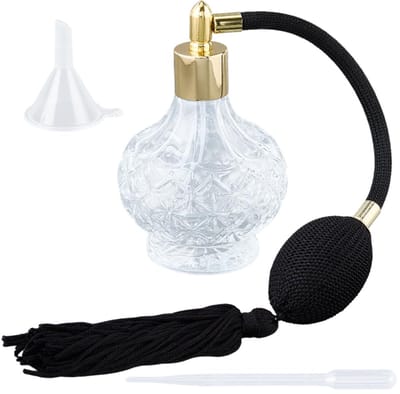 100 ml Airbag Parfumfles Vintage Verstuiver Spray Fles Zwart Clear Crystal Parfum Flessen Hervulbaar Leeg Glas Lange Kwasten Pomp Spuit met Trechter Druppelaar voor Cocktail Lotion Olie