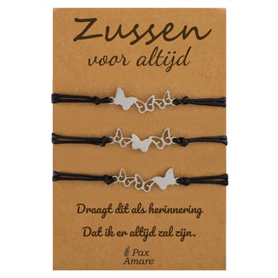 Vriendschapsarmbandjes voor 3 "Zussen voor altijd" - Vlinders - Sisters Armbandjes met Cadeau Kaartje - Zilverkleurig - Elastisch Verstelbaar - Pax Amare