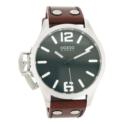 OOZOO Timepieces - Zilverkleurige horloge met bruine leren band - OS256