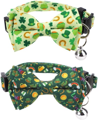 Dailygoods- Kattenhalsband Verstelbaar - 2 Stuks - Kattenhalsband met Belletje - St. Patrick's Design - Geschikt voor Kittens/Puppy's - Polyesterstof 30x1cm - Huisdierhalsband