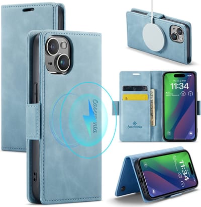 Casemania Hoesje Geschikt voor Apple iPhone 15 Aqua Blue - Portemonnee Book Case - Geschikt voor MagSafe