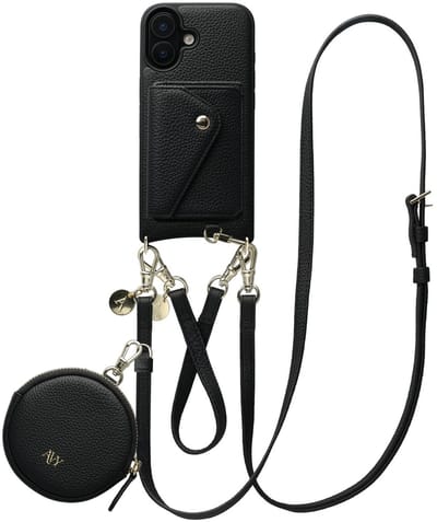 AVY Leren Hoesje geschikt voor Apple iPhone 16 | Met Koord, Wallet en Pouch | Compatibel met MagSafe | Leather Case met 30CM & 130CM Koord | Leather Set | Zwart