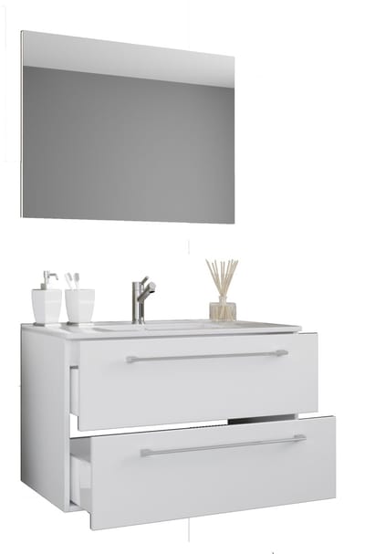VCM 3-tlg. Waschplatz Waschtisch | Waschbecken Unterschrank Breite 80 cm | Badmöbel Set hängend mit einer Schublade Spiegel | Badinos