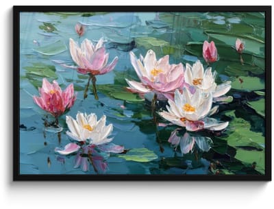 Poster in lijst - Fotolijst 90x60 cm - Posters - Waterlelies - Bloemen - Roze - Water - Posterlijst zwart - Decoratie - Wanddecoratie woonkamer - Muurdecoratie slaapkamer