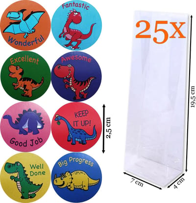 Prigta - Cadeauzakjes Transparant + Sluitstickers dino's – 25 Stuks – 7x4x19,5 cm