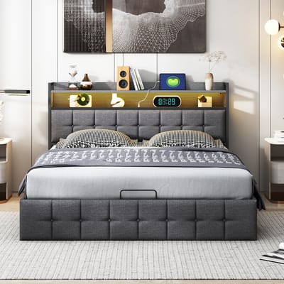 Tweepersoonsbed met ledverlichting en usb-poort, opbergruimte met hydraulische stang, gestoffeerd hoofdeinde van grijs linnen, 140x200cm, exclusief matras