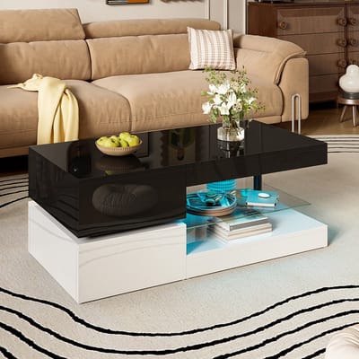 BLACKCOLORS Moderne salontafel met sfeerverlichting, bediening via app en Bluetooth, glazen blad en glanzend oppervlak, zwart-wit design voor in de woonkamer, 90 x 45 x 35,5 cm
