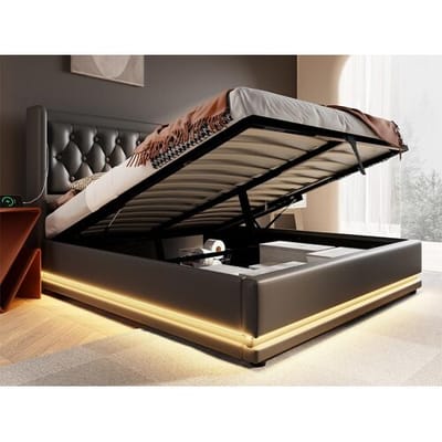 ModernLuxe Gewatteerd opbergbed 160 x 200 cm in kunstleer - met oplaadfunctie en LED aan het voeteneinde - Zwart