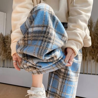 Wollen Vloerbroek voor Dames Herfst en Winter Nieuwe Stijl Pluche Broek voor Dames Dikke Rechte Broek Casual Geruit Wijdpijpig XL gray