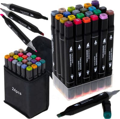 Playos® - Alcohol Markers - 24 Stuks - Inclusief Opbergtas en Base - Etui - Stiften - Twin Markers - Volwassenen en Kinderen - Dubbelzijdige Dual Tip Markers - Twinmarkers - Markeerstiften Alcohol - Alcohol Stiften - Creatief - Tekenen en Kleuren