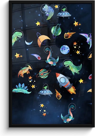 Poster in lijst - Fotolijst 60x90 cm - Posters - Ruimte - Dino - Dinosaurus - Jongens - Posterlijst zwart - Kamer decoratie - Wanddecoratie kinderkamer - Muurdecoratie babykamer