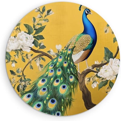 Saammp Muurcirkel Hout - Pauw met witte Bloemen - Vintage - Dieren - Natuur - Ø 90 - Wandcirkel - Wanddecoratie Cirkel - muurdecoratie Woonkamer - Slaapkamer decoratie - Rond Schilderij