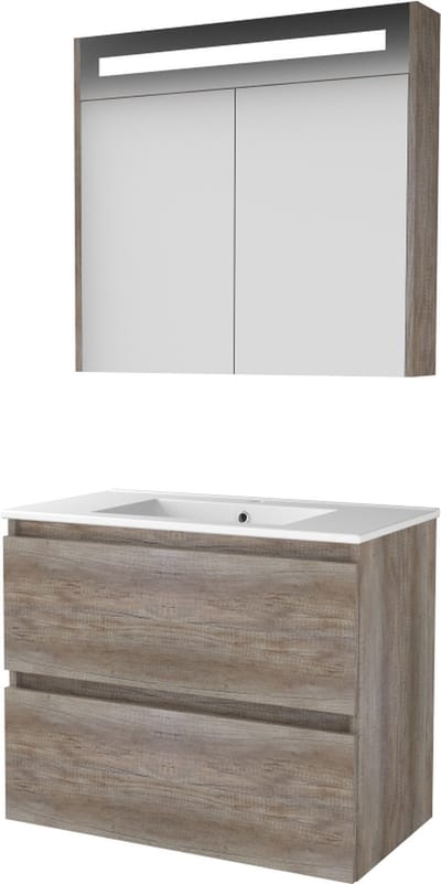 Basic Premium 46 badmeubelset met spiegelkast met geïntegreerde LED verlichting, greeploze wastafelonderkast met 2 lades en porseleinen wastafel met 1