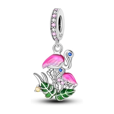 Fler® | Bedel | Past op populaire bedelarmbanden (standaard - 3mm) | Tropische Flamingo Bedel | Hangbedel Charm | 925 sterling zilver | zirkonia | Roze & Groene emaille | | Armband bedel Vogel | Valentijnsdag Cadeau | Sint