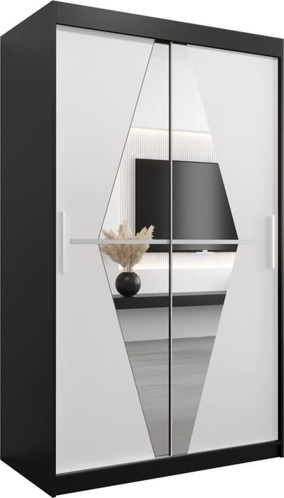 InspireMe - Kledingkast met 2 schuifdeuren, Modern-stijl, Een kledingkast met planken en een spiegel (BxHxD): 120x200x62 - BOLA 120 Zwart Mat + Wit Mat