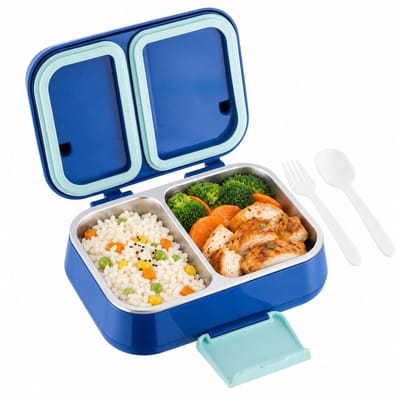 VHV-Bento Lunchbox 304 RVS - Dubbellaagse Maaltijdbox met Bestek - Lekvrije Lunchtrommel met Vakken - Magnetronbestendig en Thermische Isolatie