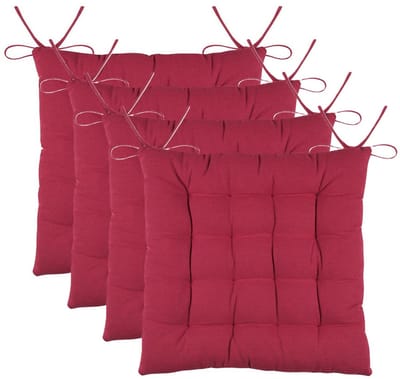 Stof Textile stoelkussens DUO - 4x - rood - 38 x 38 x 3.5 cm - touwtjes sluiting - zitkussens - binnen/buiten
