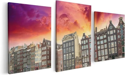 Artaza Canvas Schilderij Drieluik Amsterdamse Huisjes Bij Het Kanaal - Kleur - 120x60 - Foto Op Canvas - Canvas Print