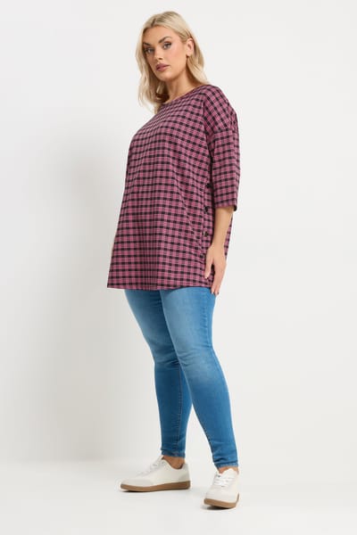 Yours Roze Geruite Top Met Knopen Aan De Zijkant Size 48