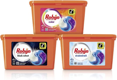 Robijn Color, Black Velvet en Stralend Wit 3-in-1 Wascapsules Pakket voor gekleurde, zwarte en witte was - 3 x 15 wasbeurten - Robijn