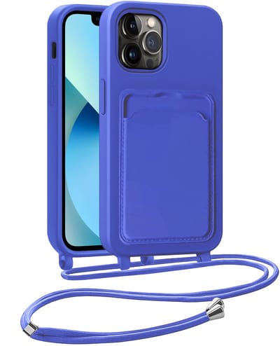 Hoesje Geschikt voor iPhone 13 Pro Hoesje Met Telefoonkoord en Pasjeshouder Siliconen - Hoes Geschikt voor iPhone 13 Pro Hoesje Met Kaarthouder Case - Felblauw