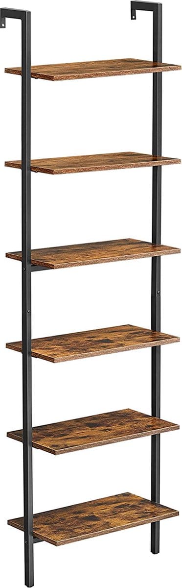 Hoppa! boekenkast | 6 planken | ladderplank | opbergruimte voor boeken | 60 x 30 x 205 cm (BxDxH) | industrieel ontwerp | vintage bruin-zwart