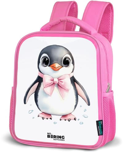 NoBoringSuitcases.com® - Rugzak roze - Schooltas meisjes - Pinguïn met roze strik en ijsdruppels - Kinder rugtas meisje - Boekentas kind - Kinderrugzak voor school - Schoolrugzak
