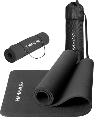 Hanamura Active Yoga Mat - Inclusief draagbare Opbergtas & strap - Fitnessmat van TPE Materiaal - Milieuvriendelijke Fitness Mat - 183x61 - Pilates Mat van 8 mm dik - Zwart